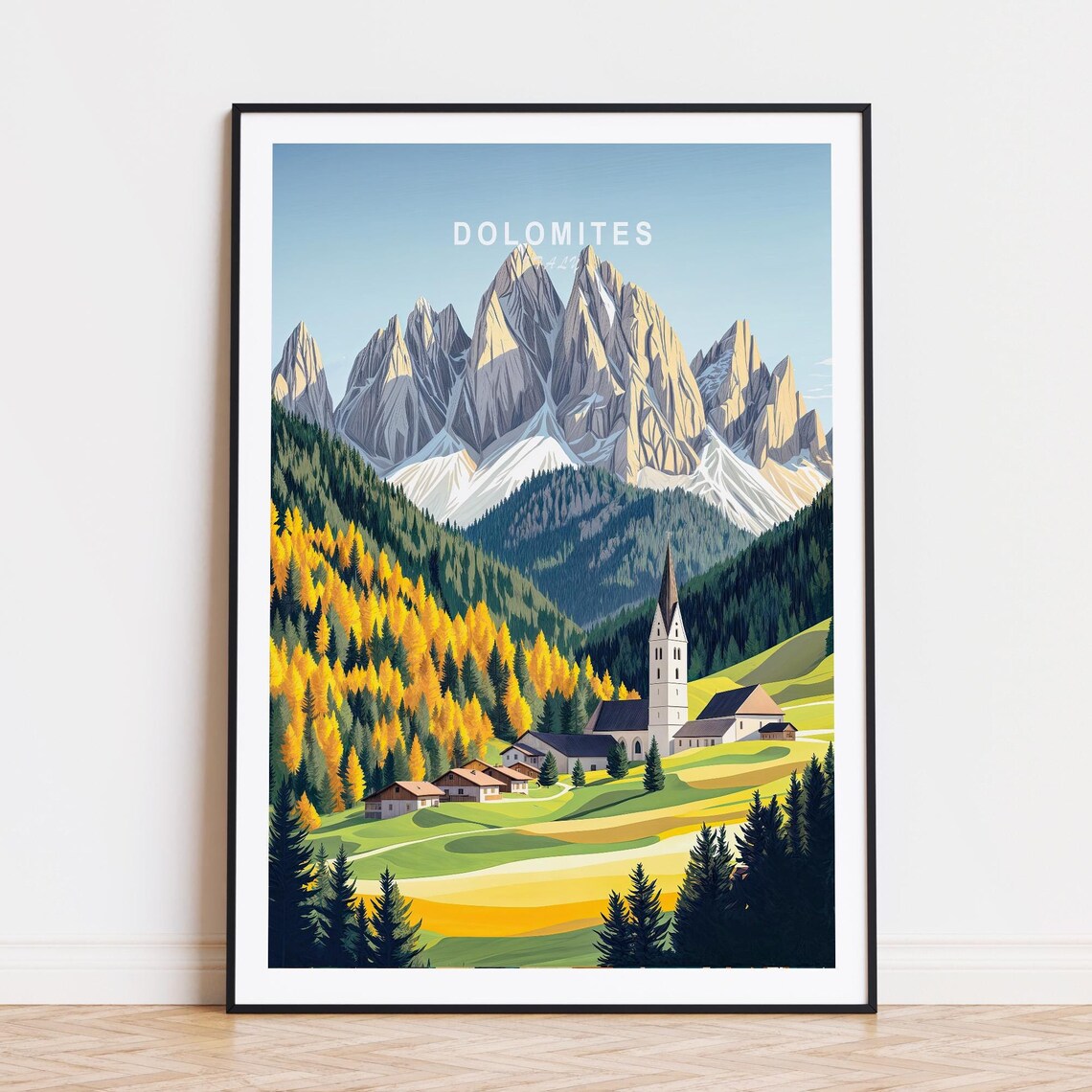 Dolomites Alpine Peaks Autumn Village Church Vintage Travel Poster