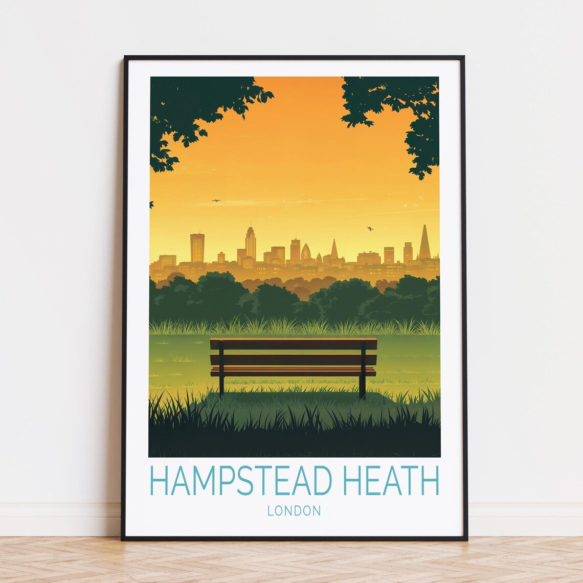 Hampstead Heath London Golden Hour Bench City Vista Travel Poster