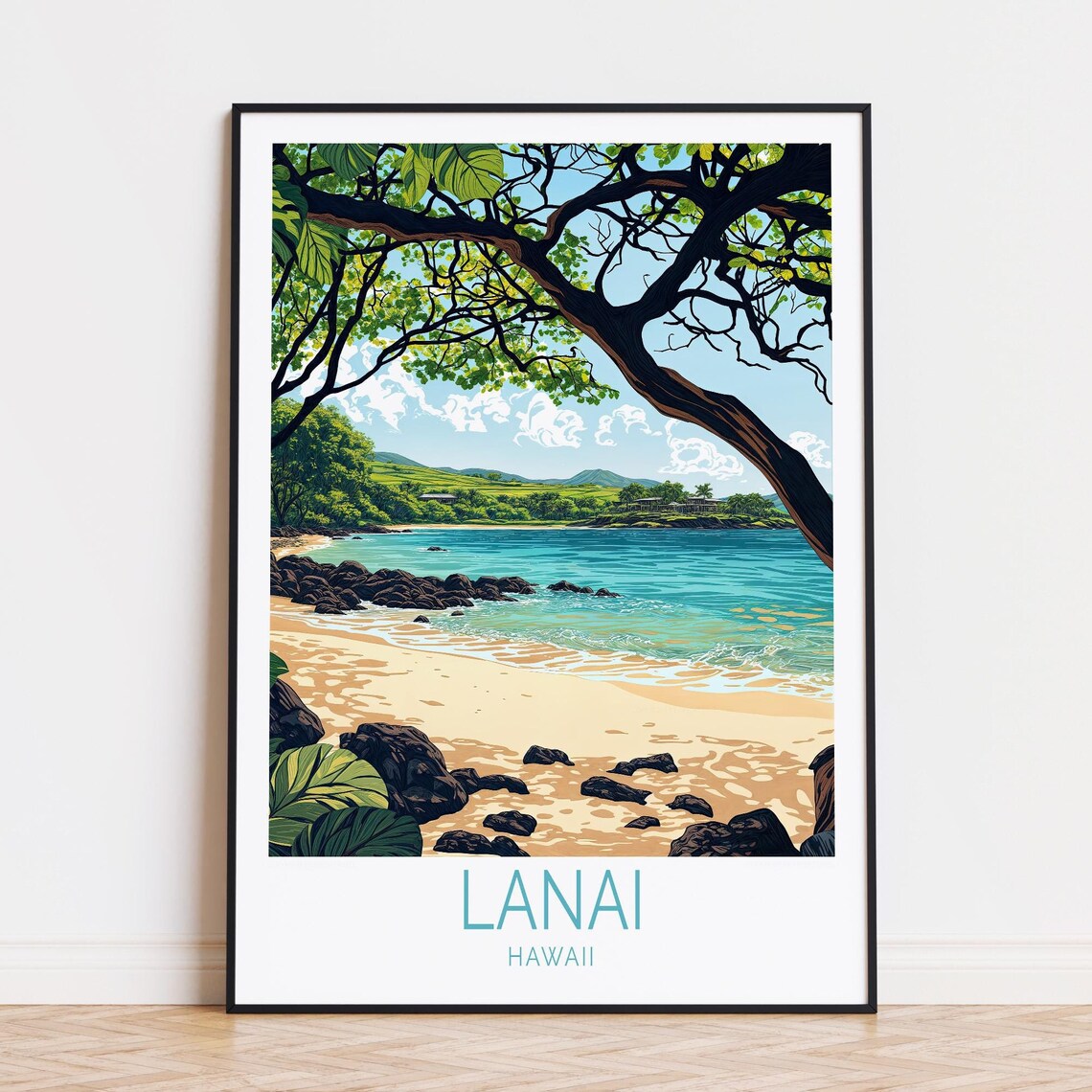Lanai Hawaii Turquoise Cove Beach Lava Rocks Tropical Travel Poster