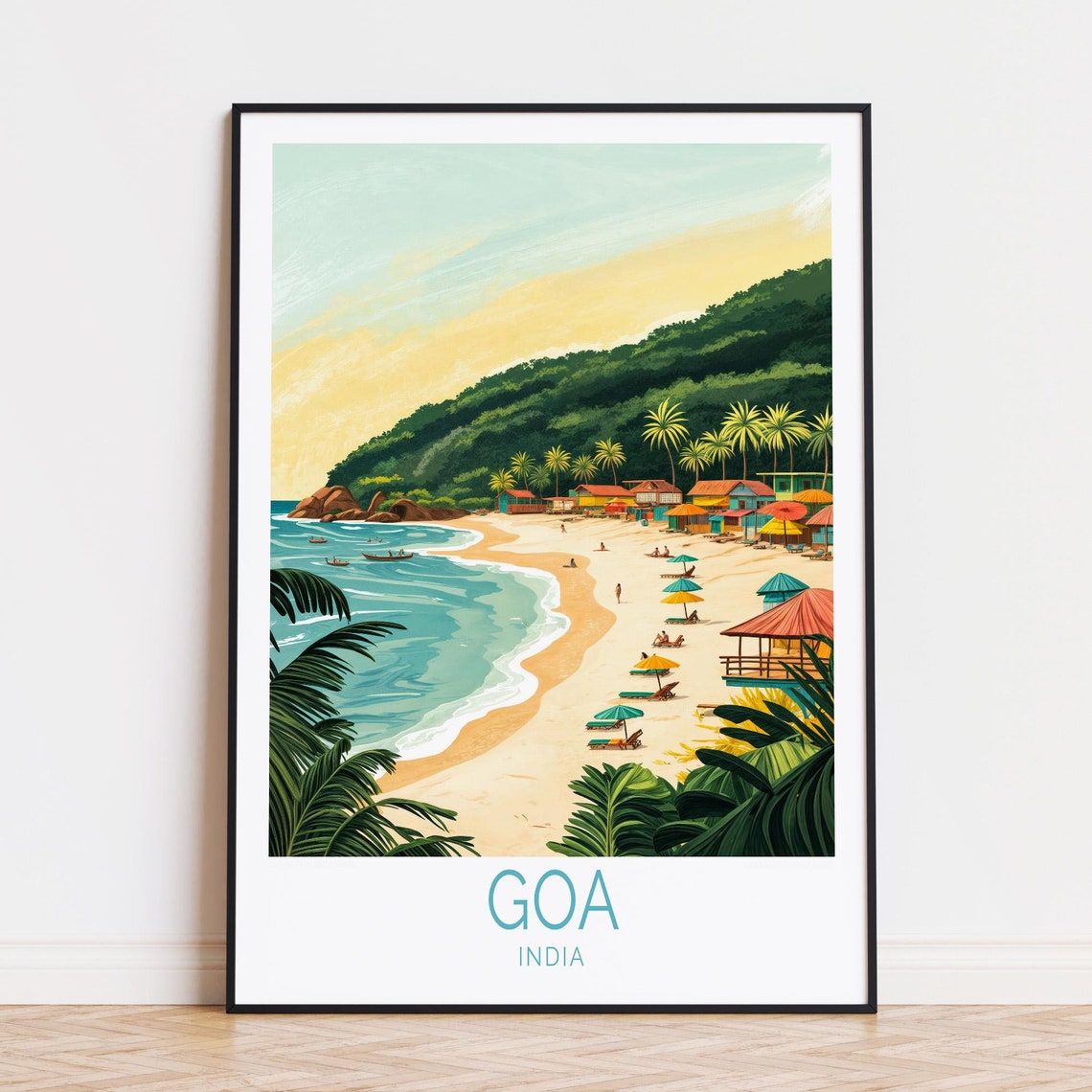 Goa India Lively Beach Umbrellas Shacks Palms Hillside Sunset Poster