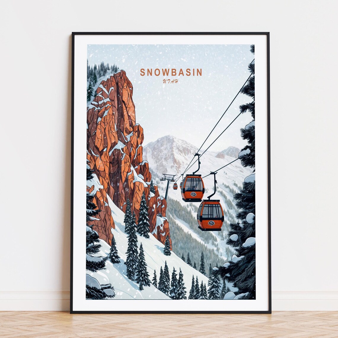 Snowbasin Utah Gondolas Red Rock Peak Ski Resort Winter Travel Poster