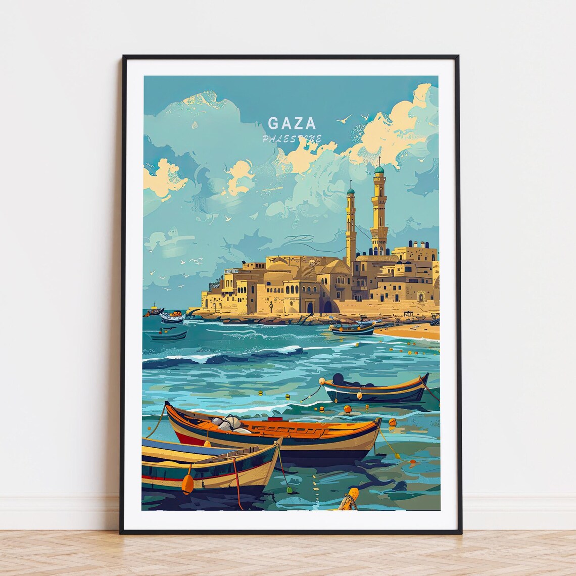Gaza Palestine Coastal Old Town Colorful Fishing Boats Poster