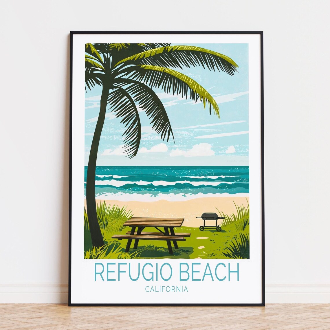 Refugio Beach California Palm Tree Picnic Retro Beach Poster