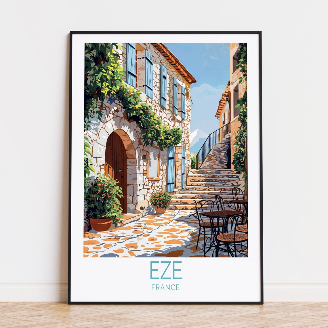 Eze France Stone Village Street with Blue Shutters and Cafe Poster