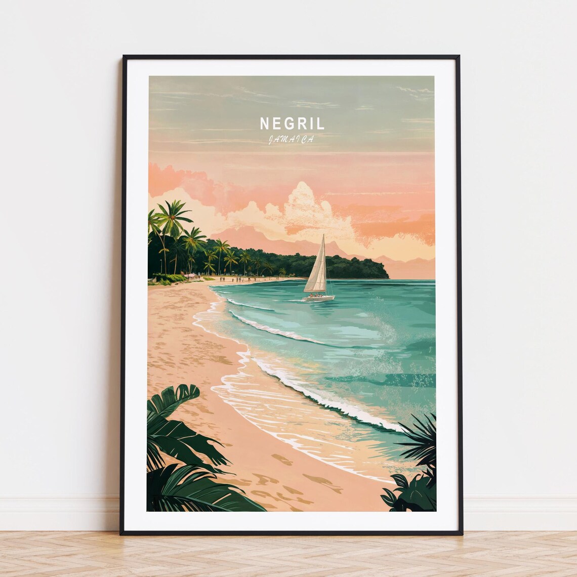 Negril Jamaica Beach Sailboat Pastel Sunset Coastal Travel Poster