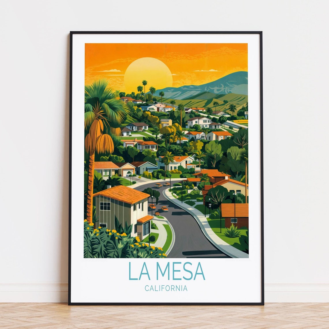 La Mesa California Sunset Suburb Palm Trees City View Travel Poster