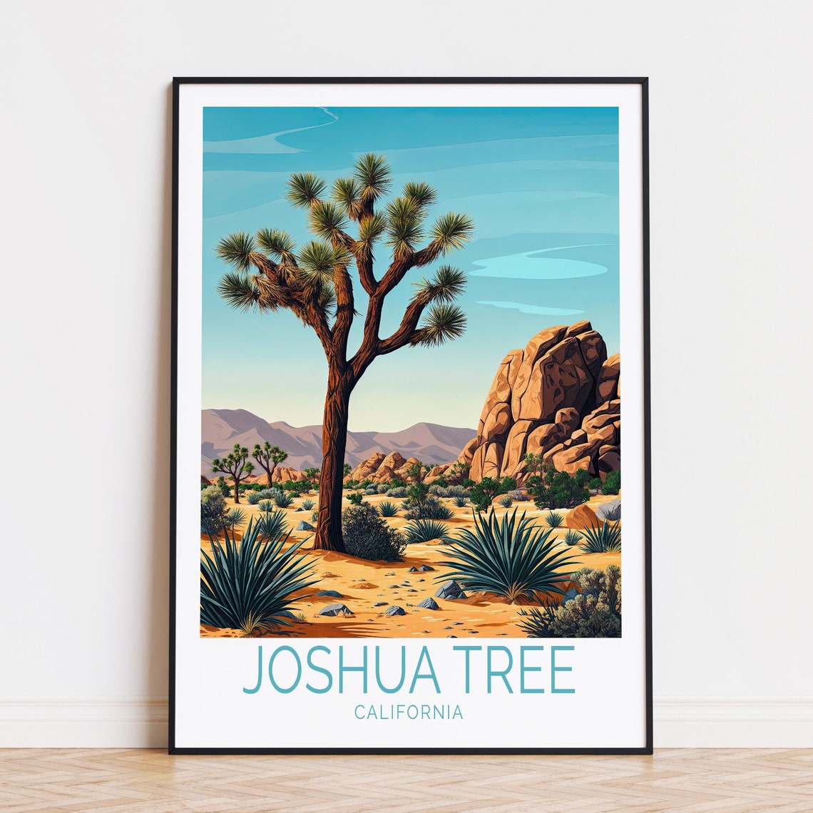 Joshua Tree Desert Scene Golden Boulders With Caption Below Poster
