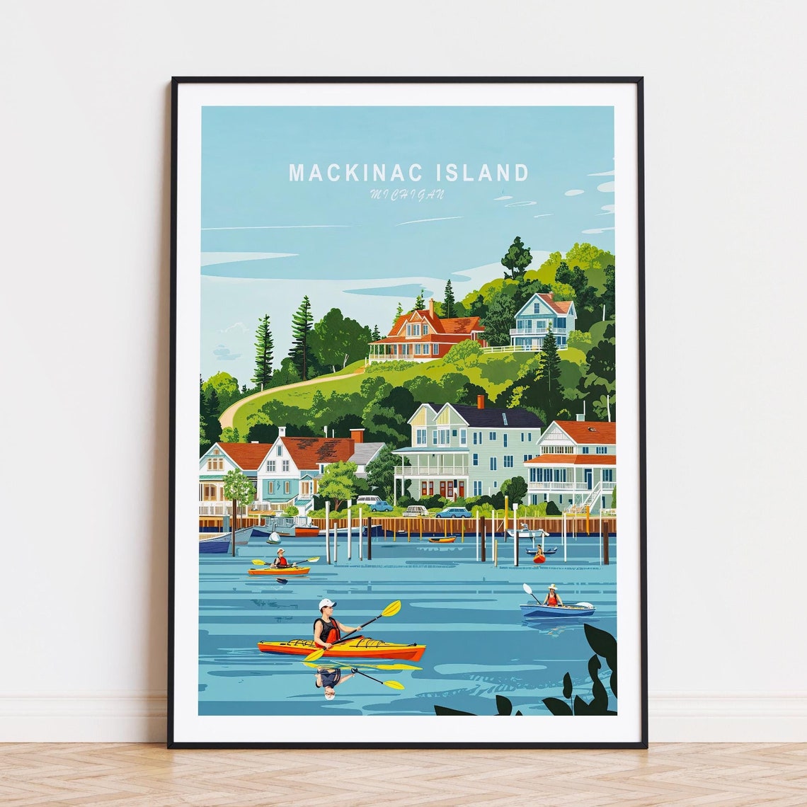 Mackinac Island Michigan Kayaking Waterfront Village Scene Poster