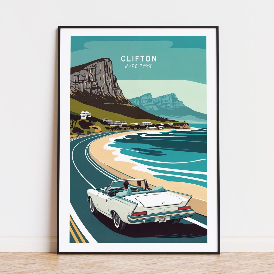 Clifton Cape Town Vintage Convertible Coastal Drive Travel Poster