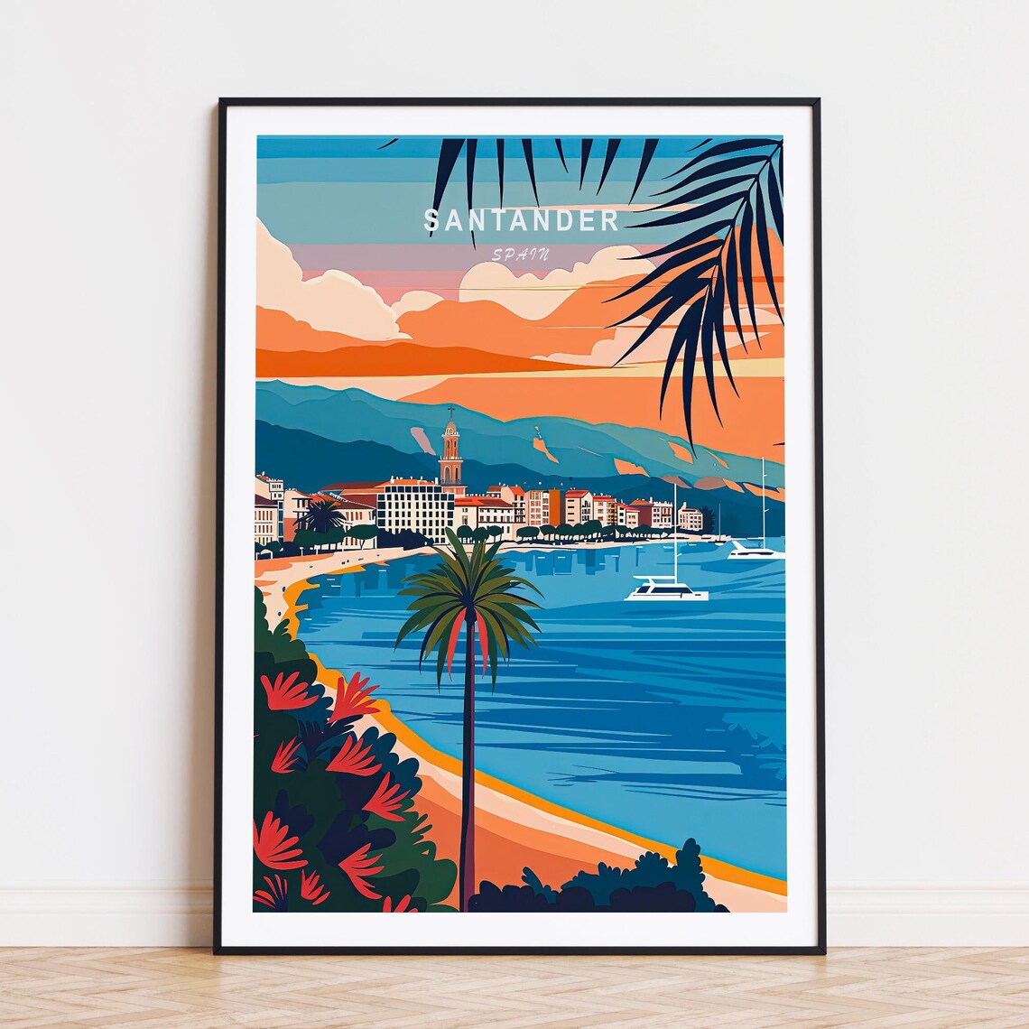Santander Spain Bay Glowing Sunset Sailboats Palm Shore Poster