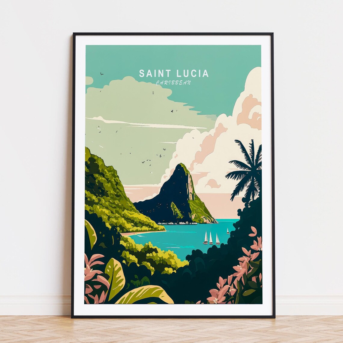 Saint Lucia Caribbean Pitons Sailboats Tropical Island Travel Poster