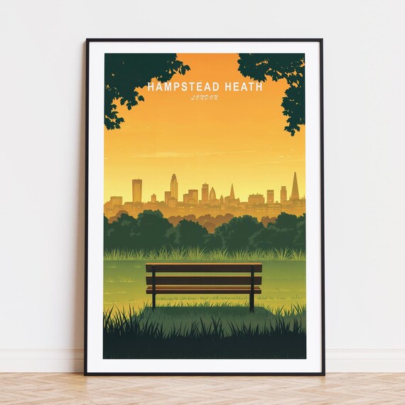 Hampstead Heath London Orange Sunset Bench Skyline Art Travel Poster