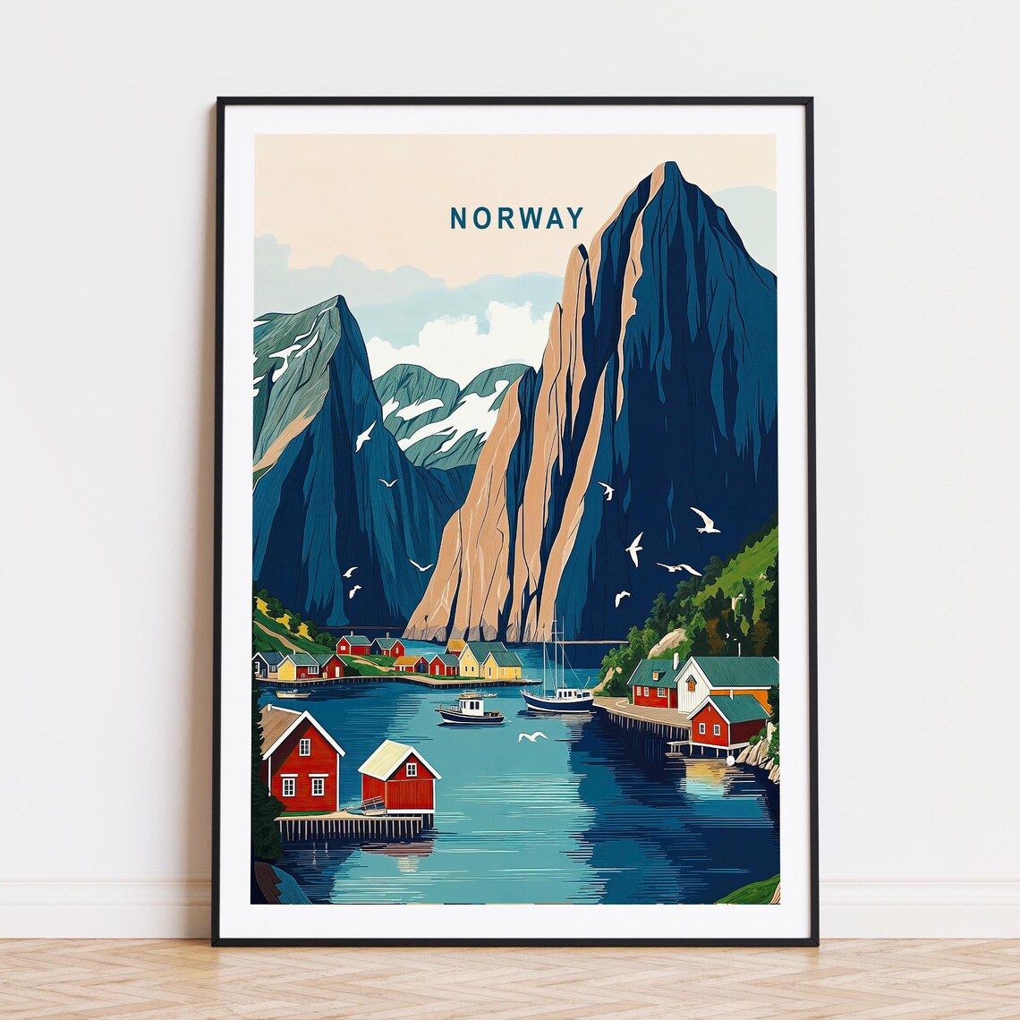 Norway Fjord Fishing Village Red Cabins Between Towering Peaks Poster