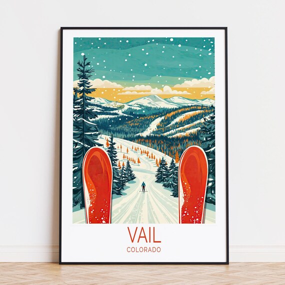 Vail Colorado Ski Tips Slopes Sunset Snowy Peaks Travel Poster