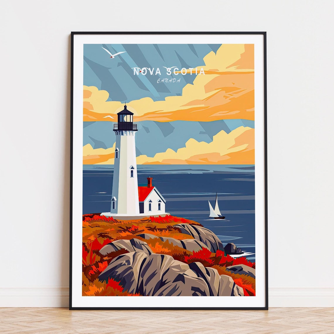 Nova Scotia Canada Lighthouse Golden Sunset Rocky Shore Poster