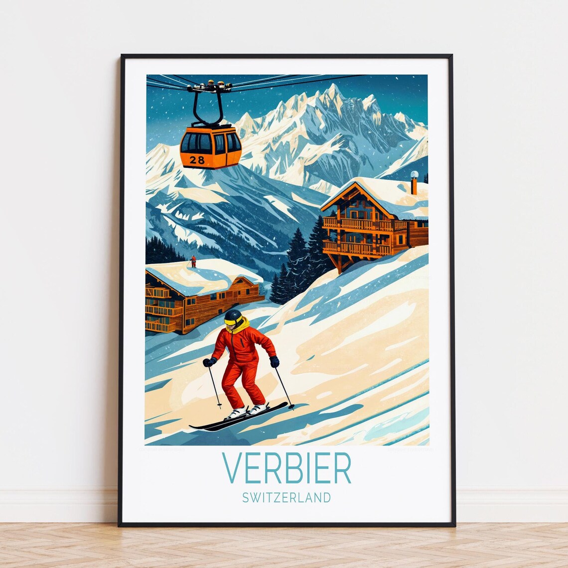 Verbier Switzerland Ski Resort Snowy Alps Gondola Travel Poster