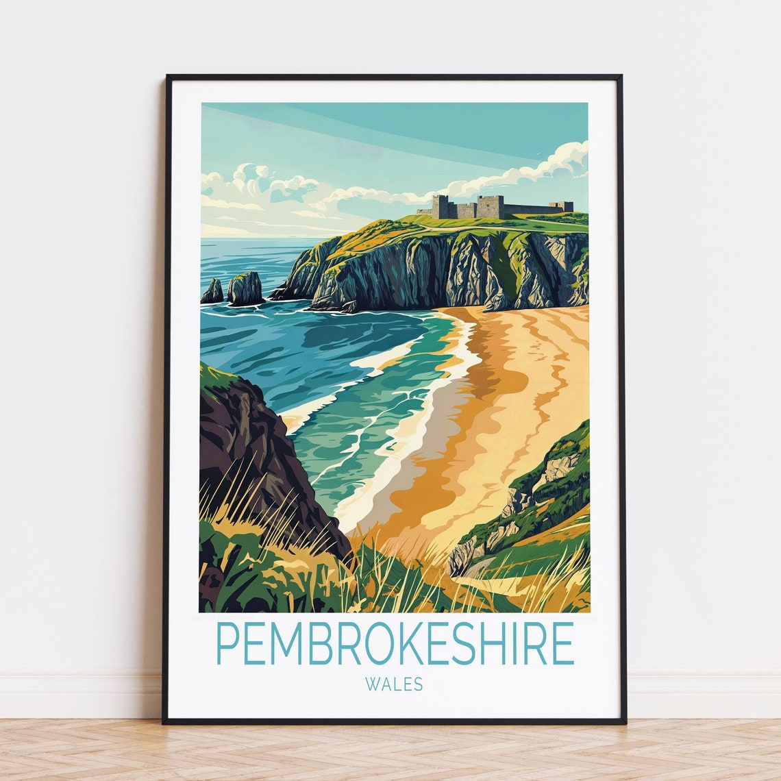 Pembrokeshire Wales Coastal Cliffs Castle Beach Cove Travel Poster