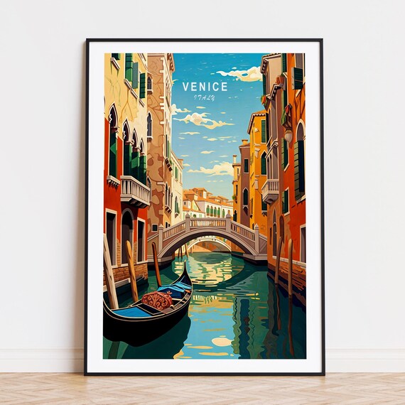 Venice Italy Gondola Canal Bridge Vintage Travel Illustration Poster
