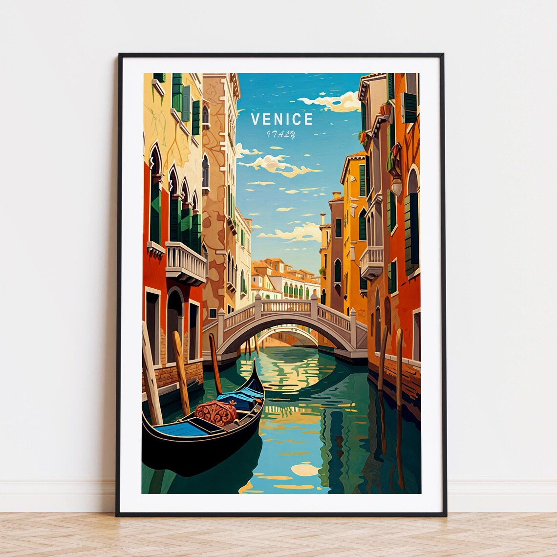 Venice Italy Gondola Canal Bridge Vintage Travel Illustration Poster