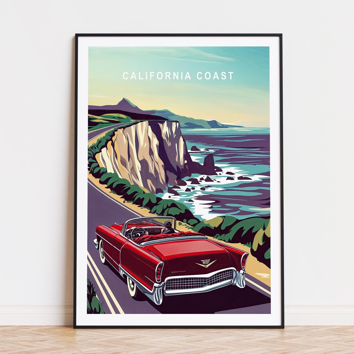 California Coast Red Convertible Cliffside Drive Vintage Poster