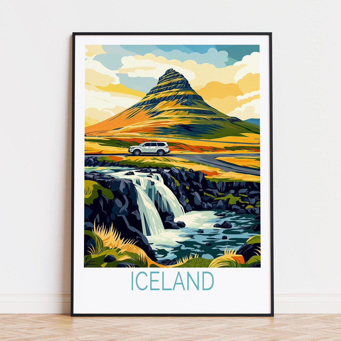 Kirkjufell Mountain and Waterfall Iceland Vintage Travel Poster