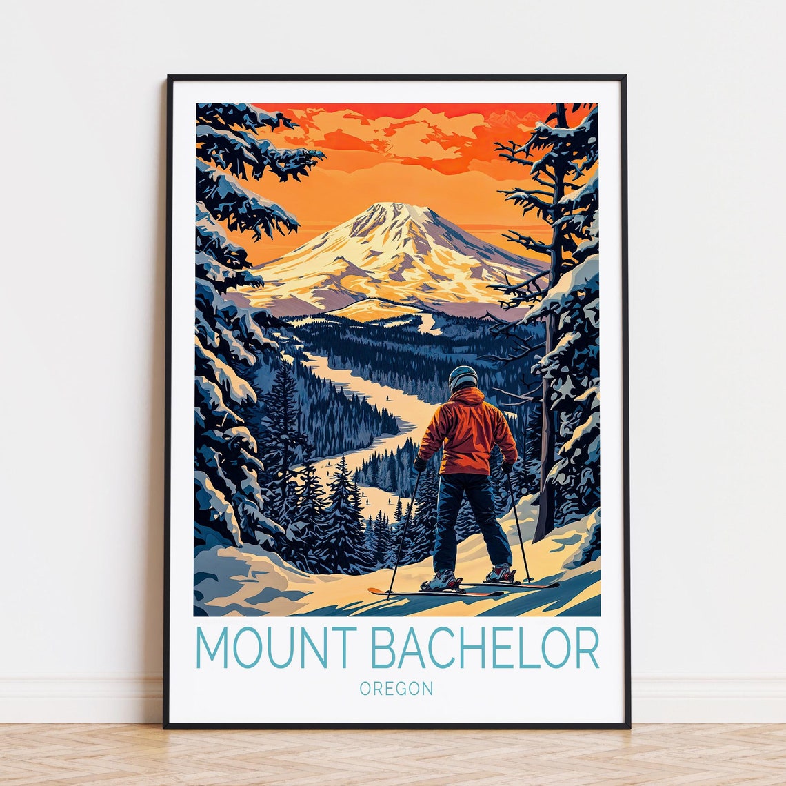 Mount Bachelor Oregon Skier Sunset Descent Ski Slopes Winter Poster