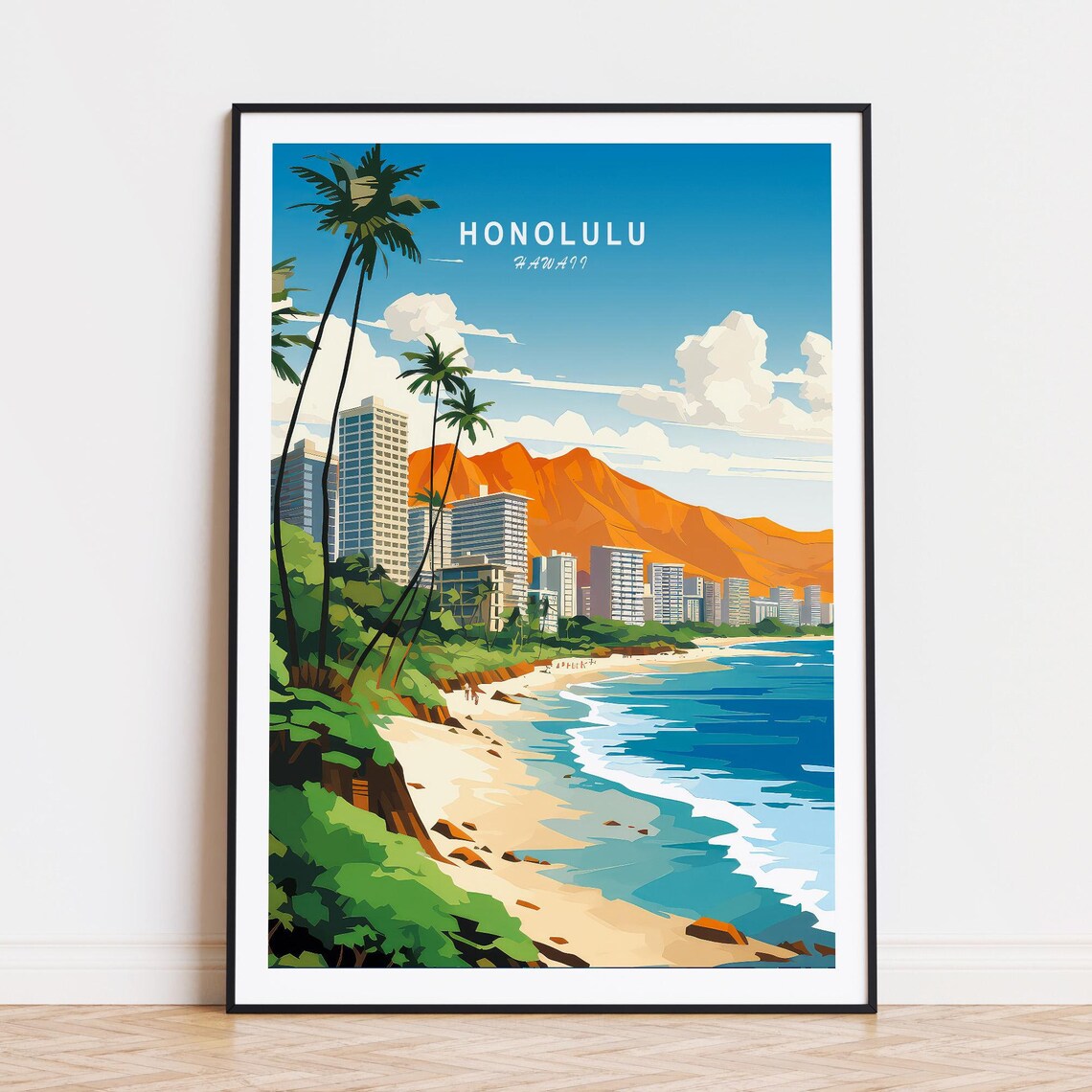 Honolulu Hawaii Waikiki Beach Diamond Head Crater Coast Travel Poster