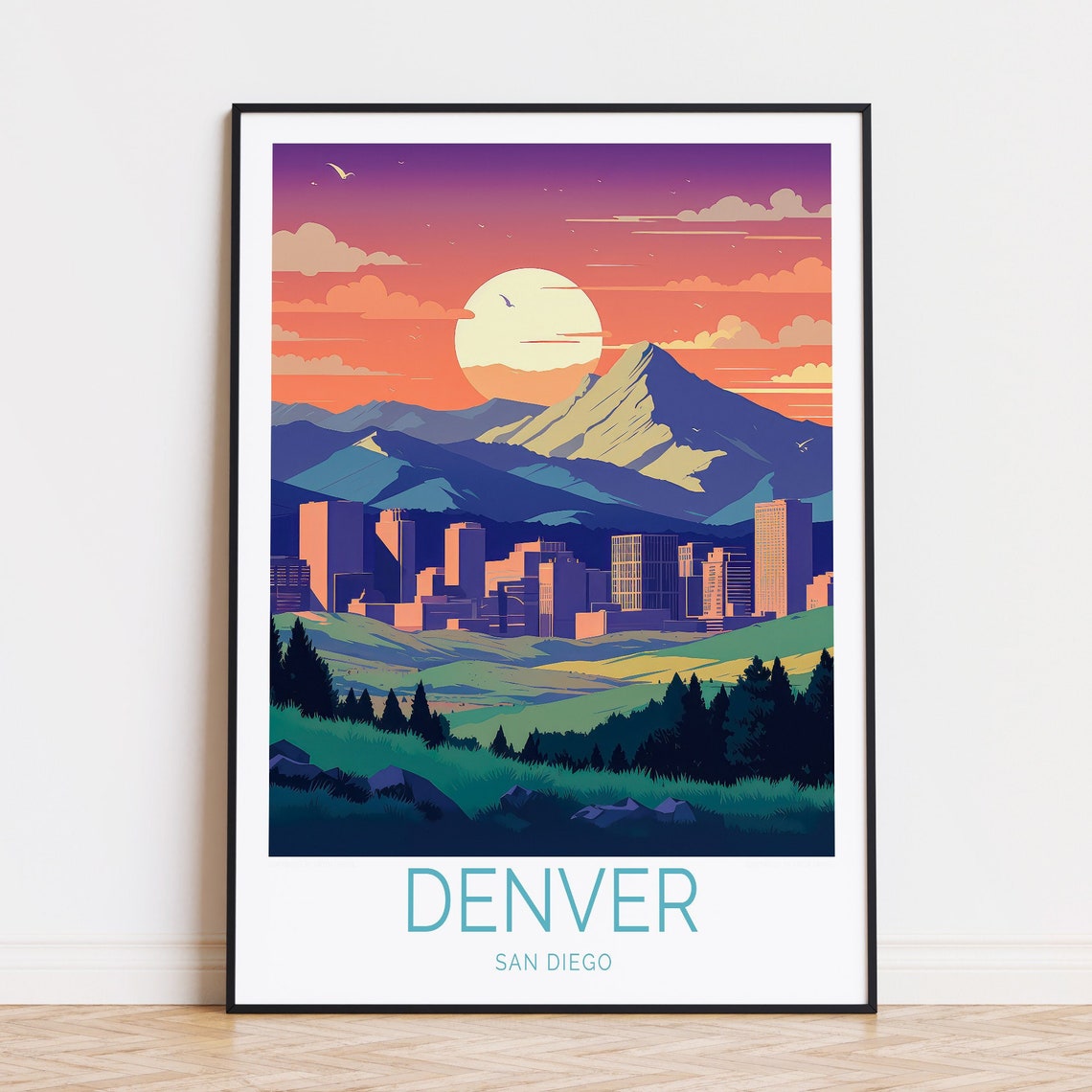 Denver Mountains Sunset City Skyline Retro Vintage Travel Poster