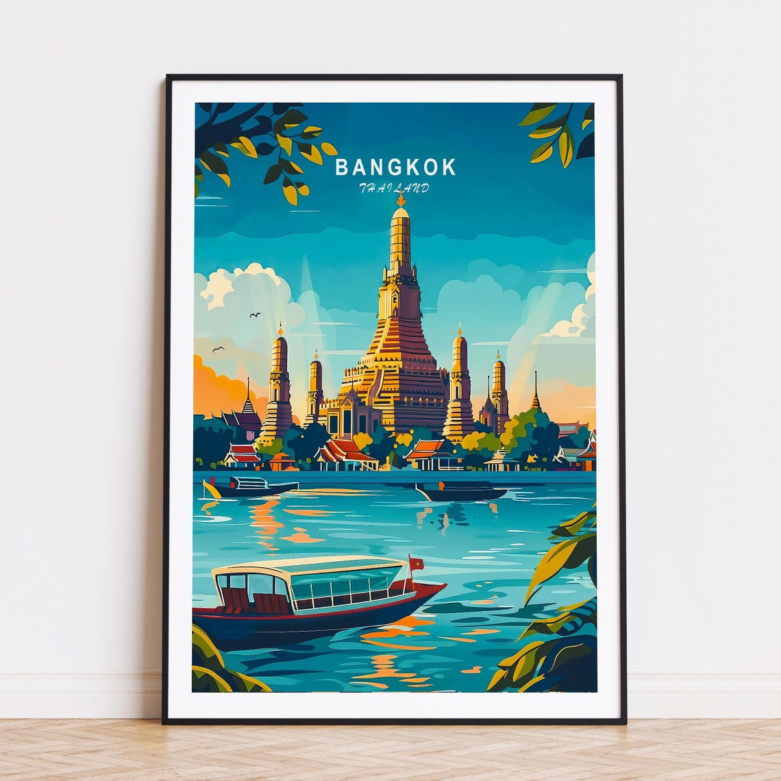 Bangkok Thailand Wat Arun Temple River Boat View Travel Poster