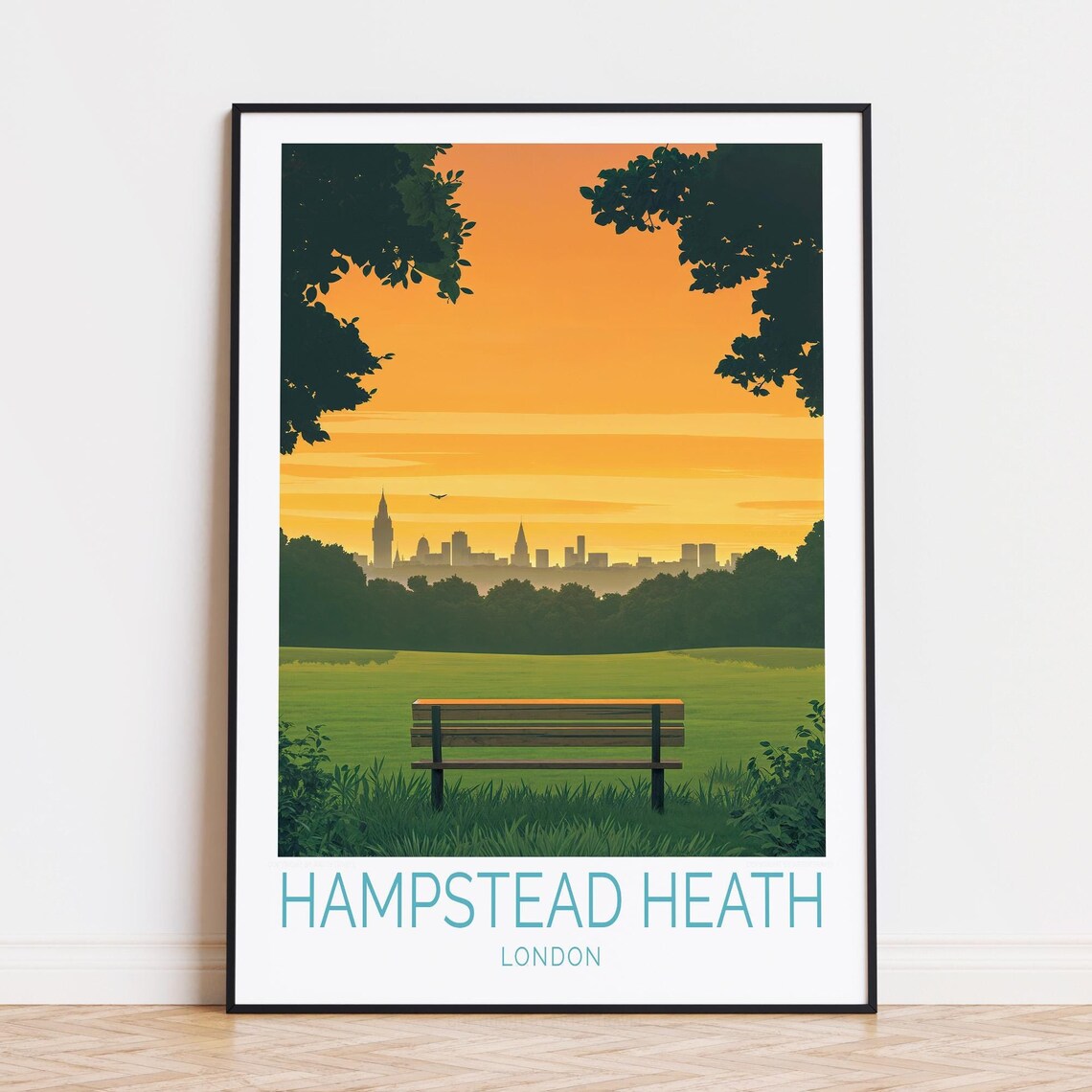 Hampstead Heath London Sunset Bench Skyline Park View Travel Poster