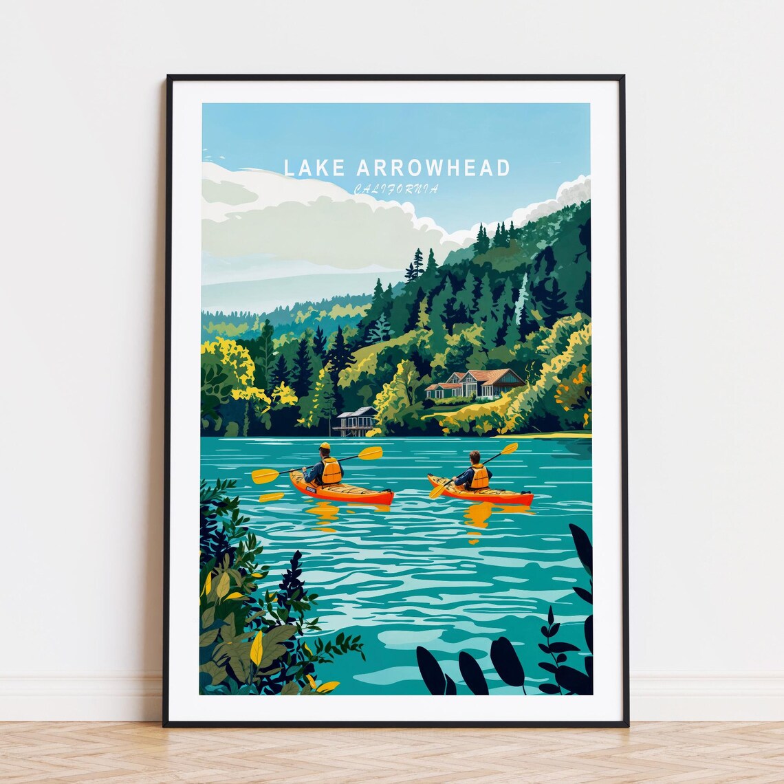 Lake Arrowhead California Two Kayakers On Forested Lake Poster