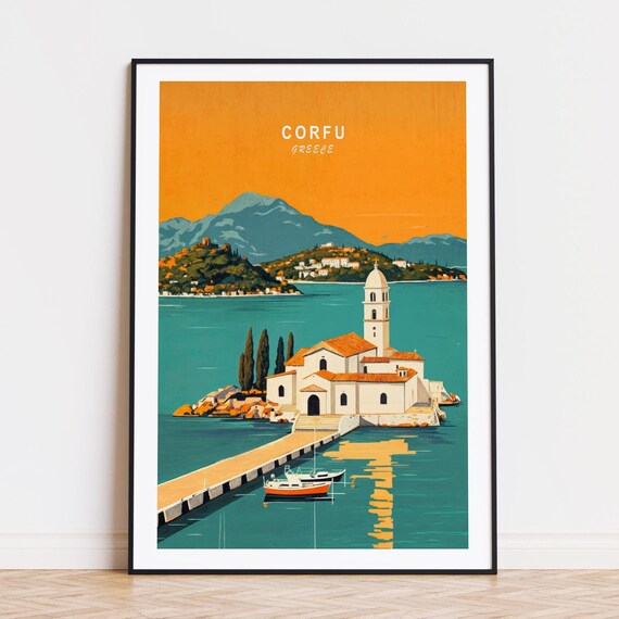 Corfu Greece Sunset Island Monastery By The Sea Travel Poster