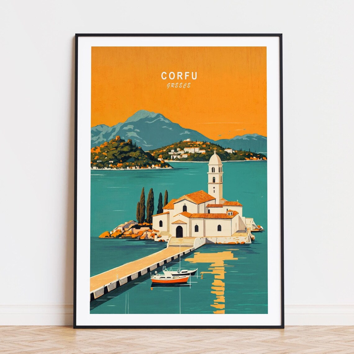 Corfu Greece Sunset Island Monastery By The Sea Travel Poster