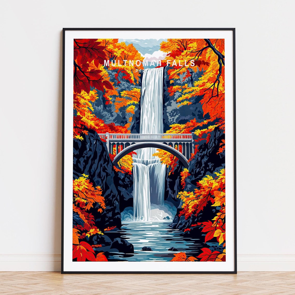 Multnomah Falls Portland Fall Colors Waterfall Overlook Scene Poster