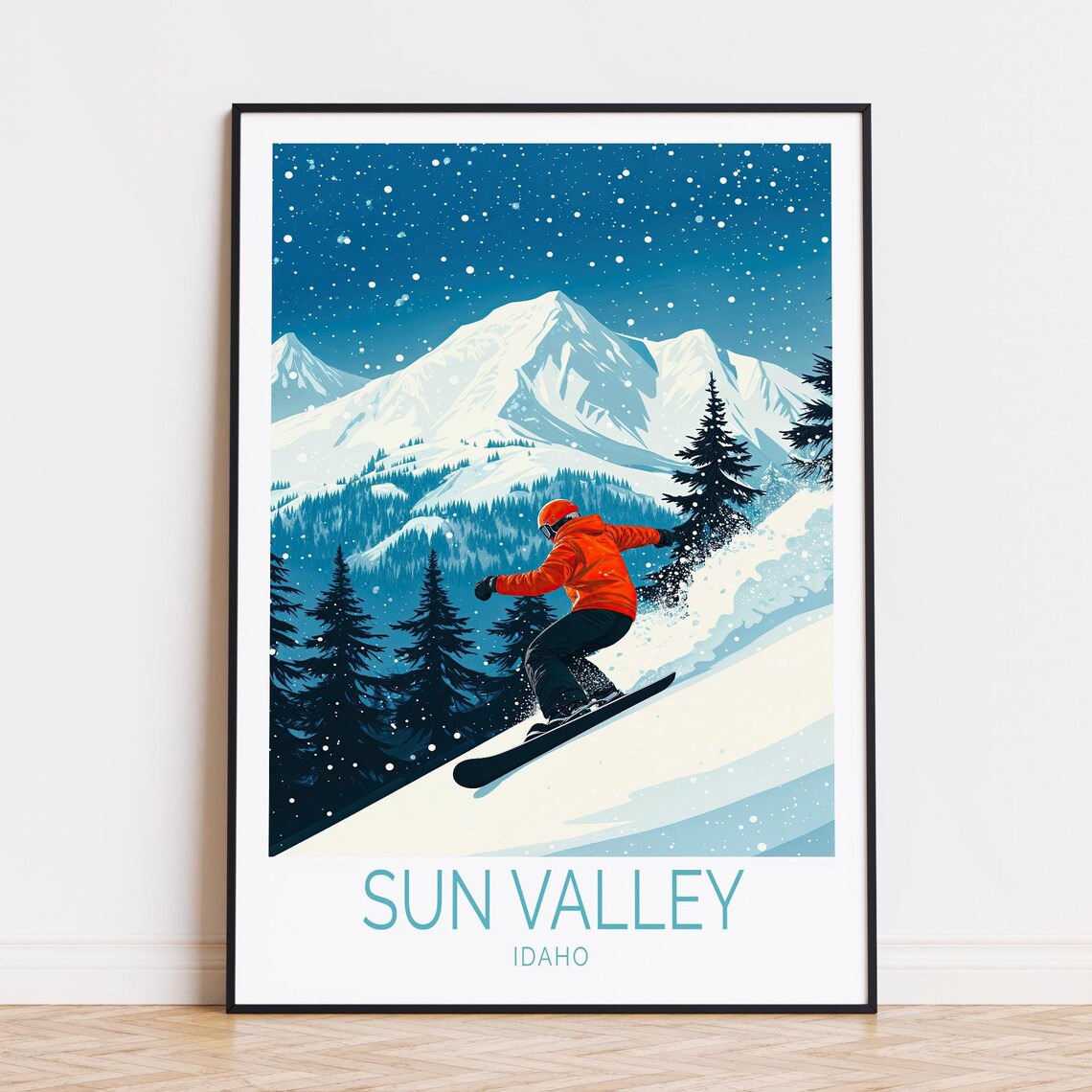 Sun Valley Idaho Snowboarder Carving Fresh Powder At Night Poster