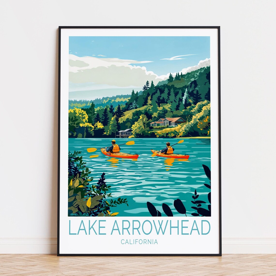 Lake Arrowhead California Kayaking Turquoise Lake Cabins Travel Poster