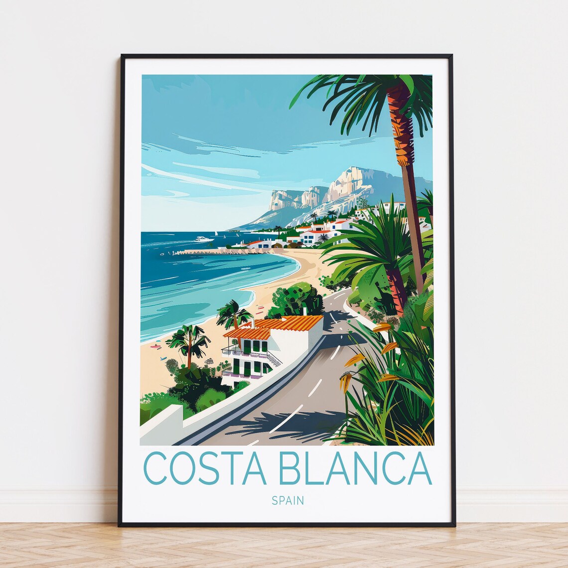 Costa Blanca Spain Palm Road And Turquoise Beach Travel Poster
