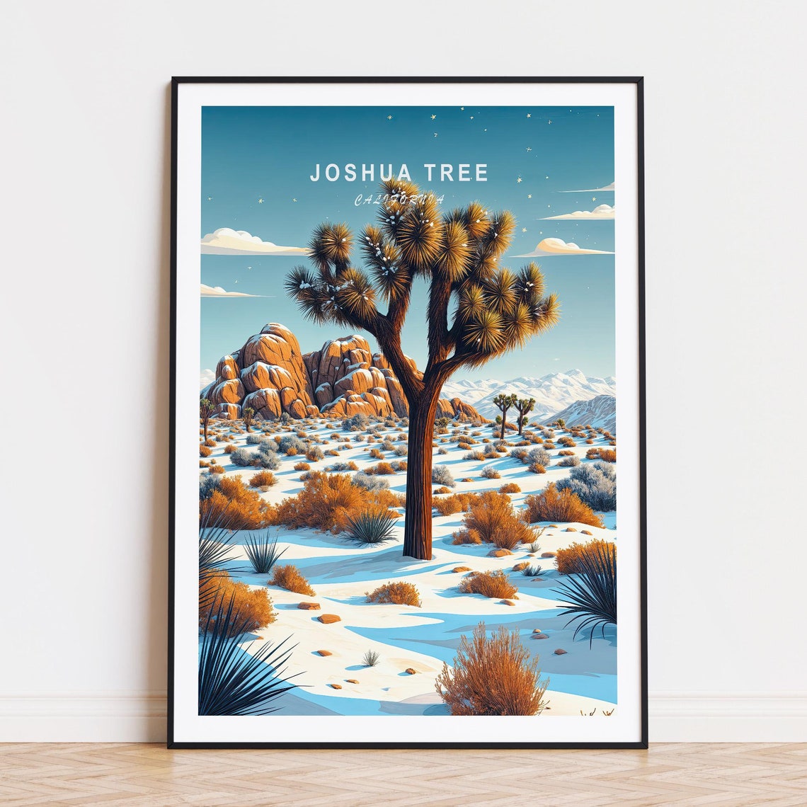 Joshua Tree Snowy Desert Winter Landscape Sky Caption Poster