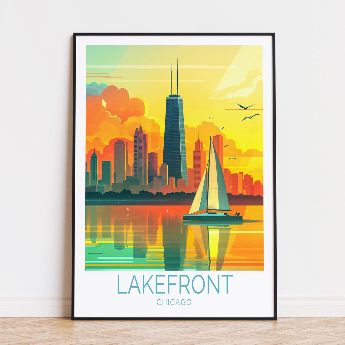 Lakefront Chicago Sunset Skyline Sailing Boat Waterfront Travel Poster