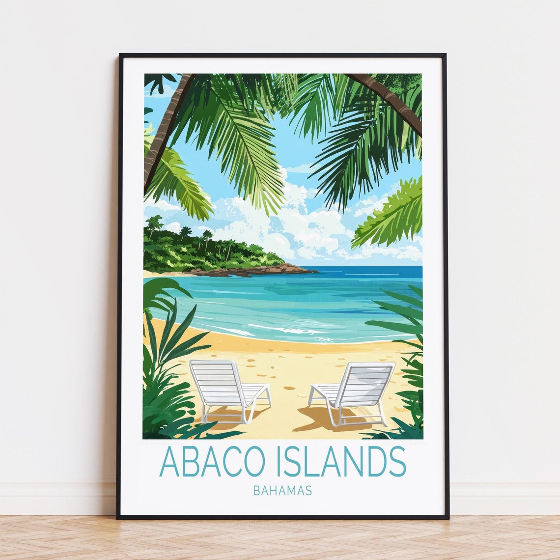 Abaco Islands Bahamas Tropical Beach Lounge Chairs Travel Poster