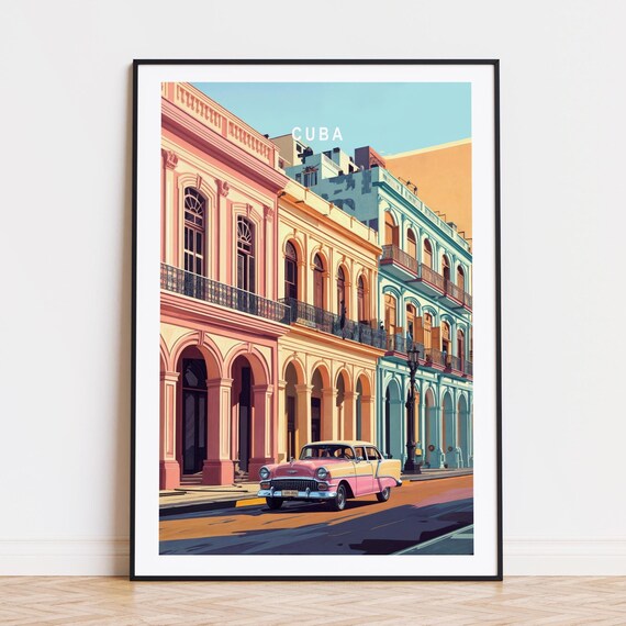 Cuba Classic Car Pastel Colonial Buildings Vintage Travel Poster