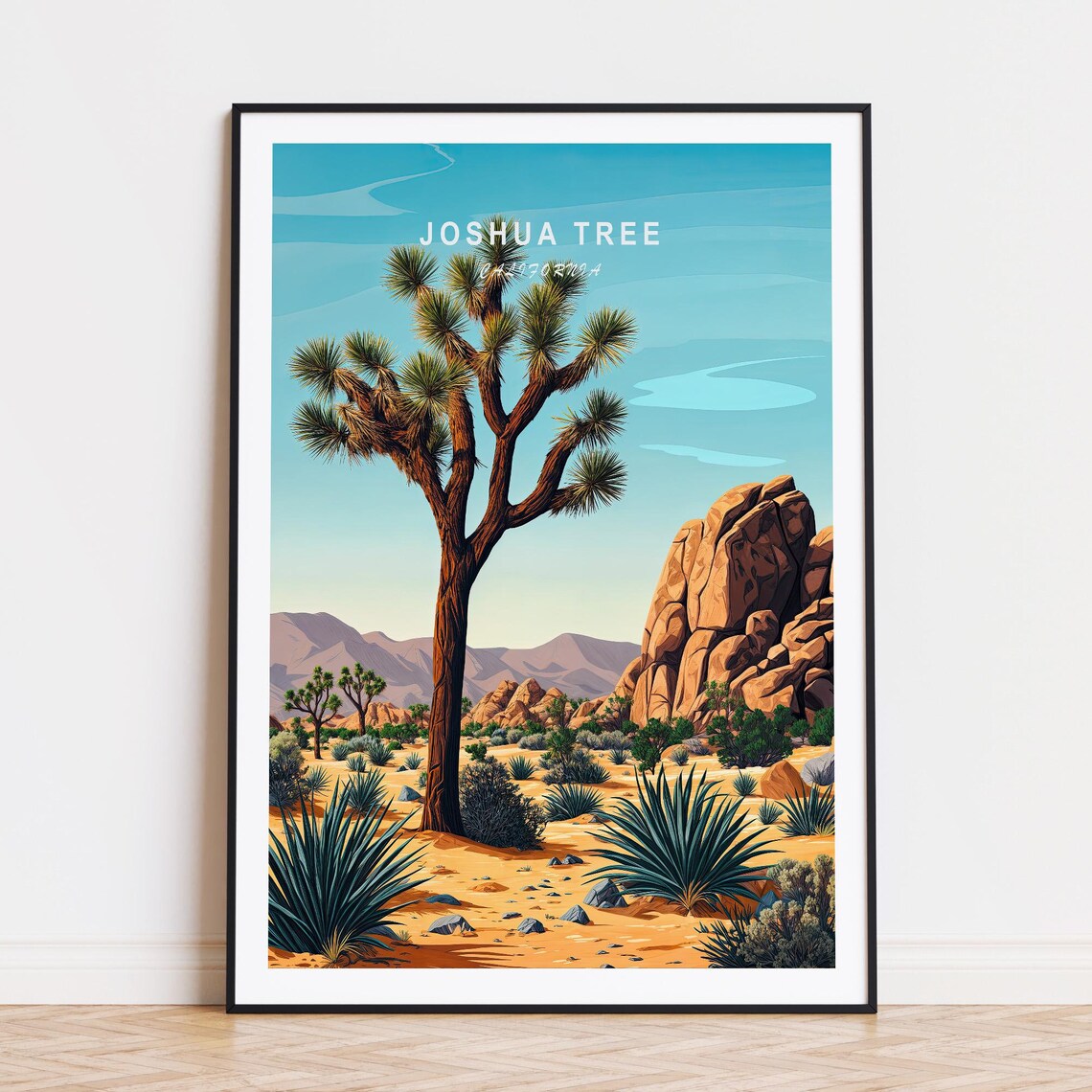 Joshua Tree Desert Scene Golden Boulders With Sky Lettering Poster