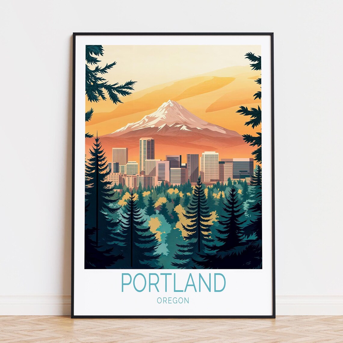 Portland Oregon Mount Hood Forest Warm Sunset Skyline Poster