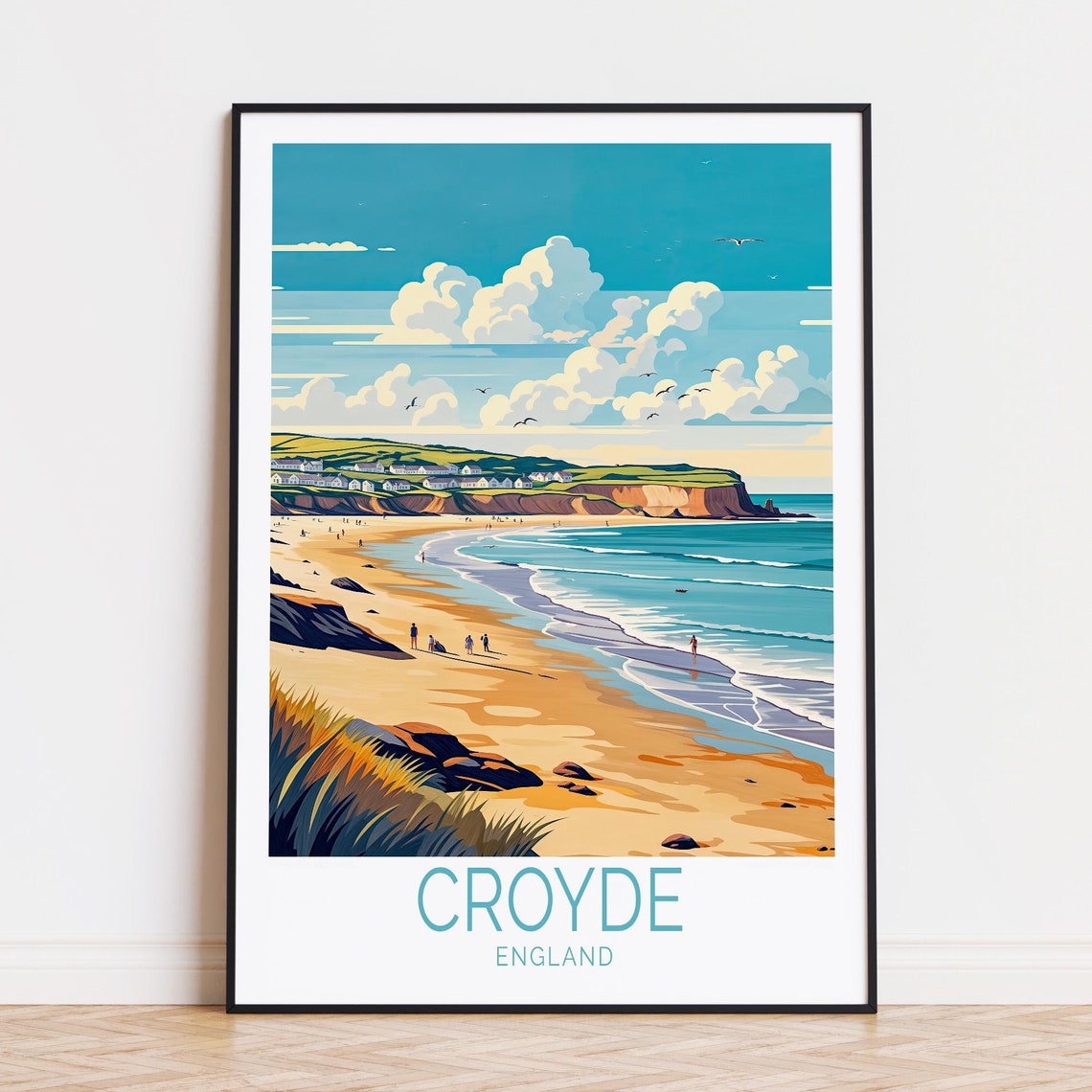 Croyde England Golden Sandy Beach Rocky Cliffs Seaside Travel Poster