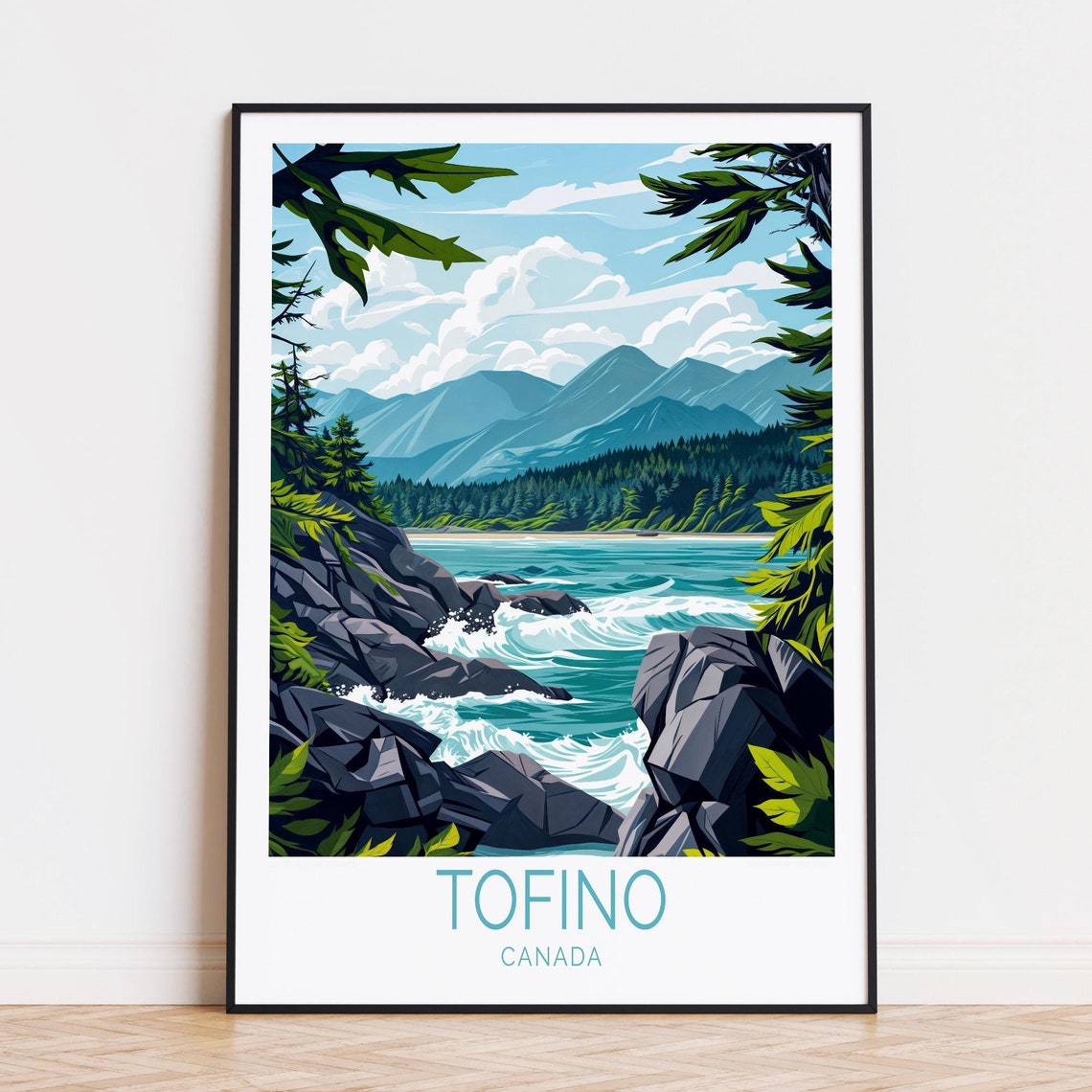 Tofino Canada Rugged Rocky Coast Waves Pine Forest Mountain Poster