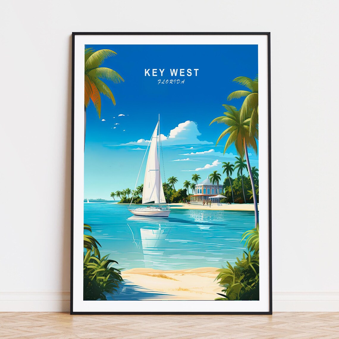 Key West Florida Sailboat Palm Shore Turquoise Water Travel Poster