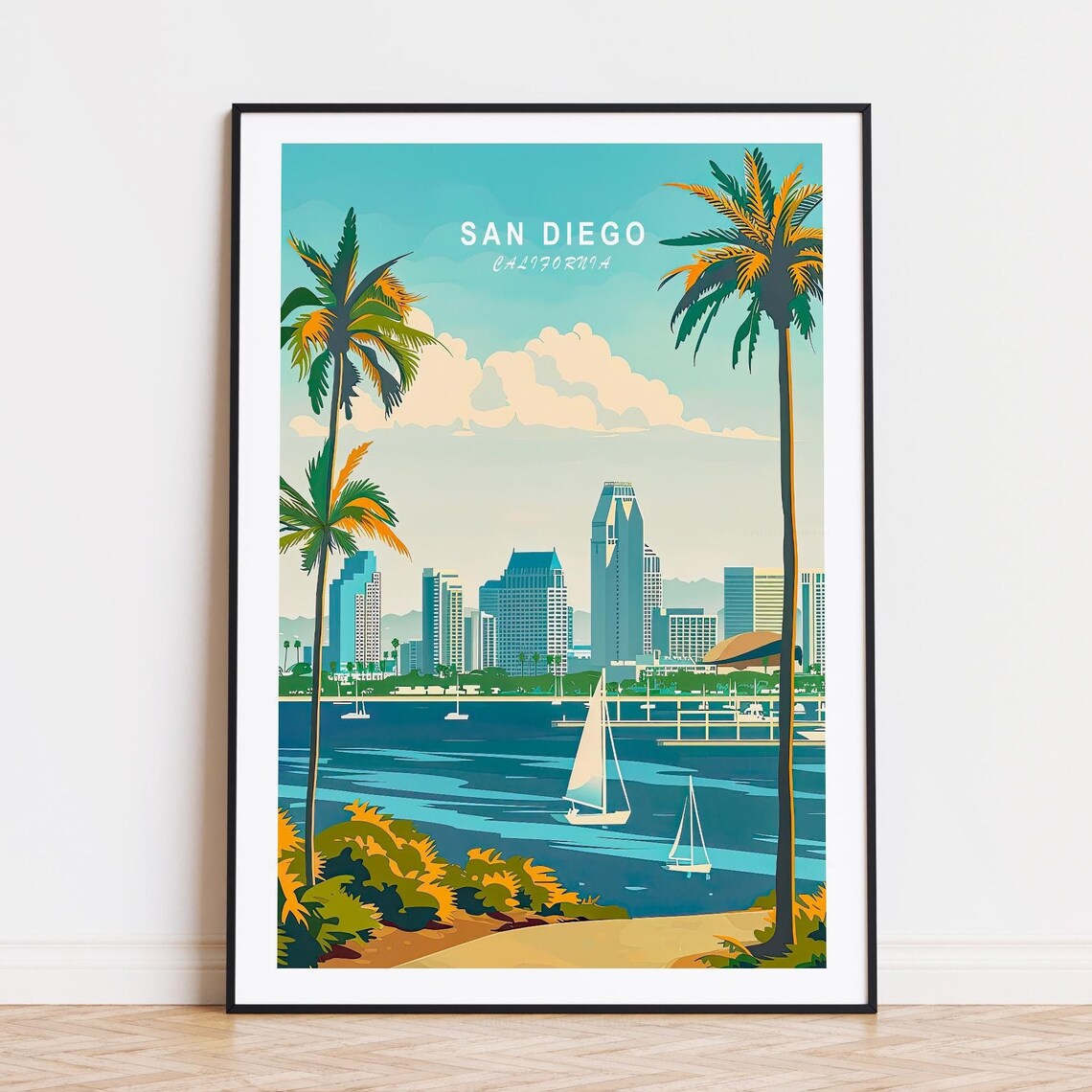 San Diego California Skyline Harbor Sailboats Palm Trees View Poster