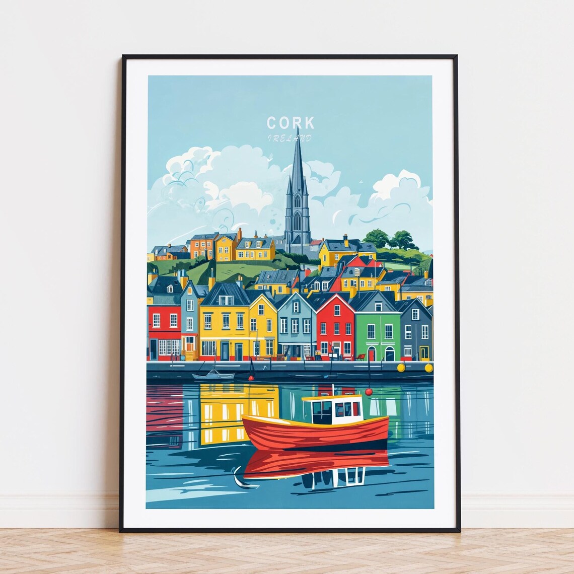 Cork Ireland Colorful Waterfront Houses Church Spire Travel Poster