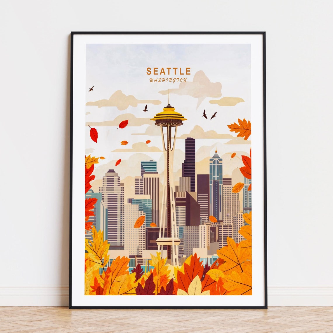 Seattle Washington Space Needle Skyline Autumn Leaves Poster