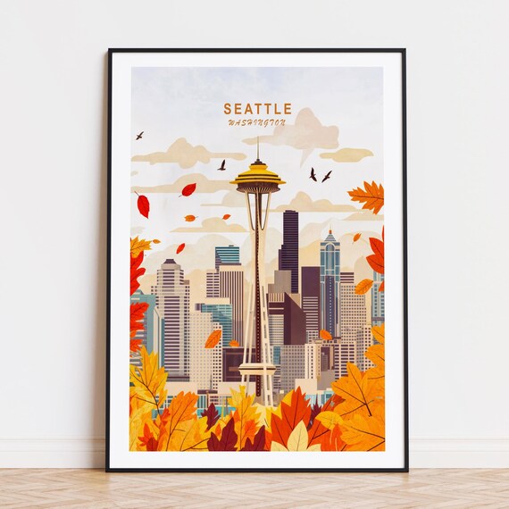 Seattle Washington Space Needle Skyline Autumn Leaves Poster